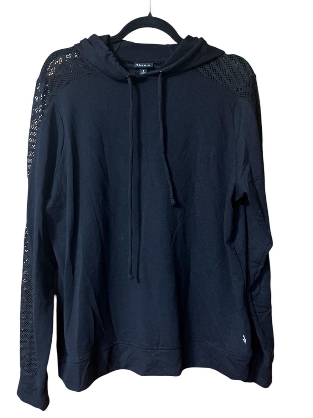 Torrid Women's Black Hooded Mesh Detail Lightweight Knit Sweater Size 1